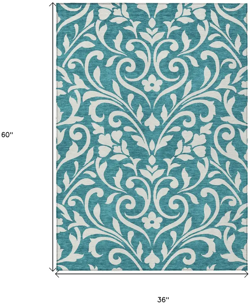 Teal Blue And Ivory Floral Washable Indoor Outdoor Area Rug Photo 3