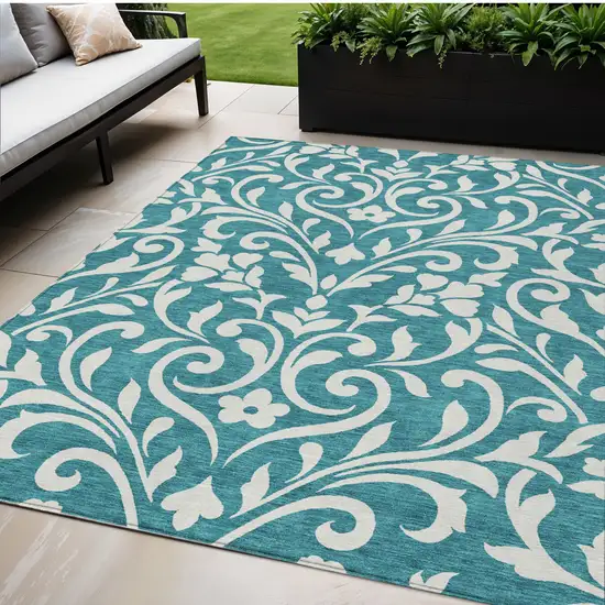Teal Blue And Ivory Floral Washable Indoor Outdoor Area Rug Photo 1