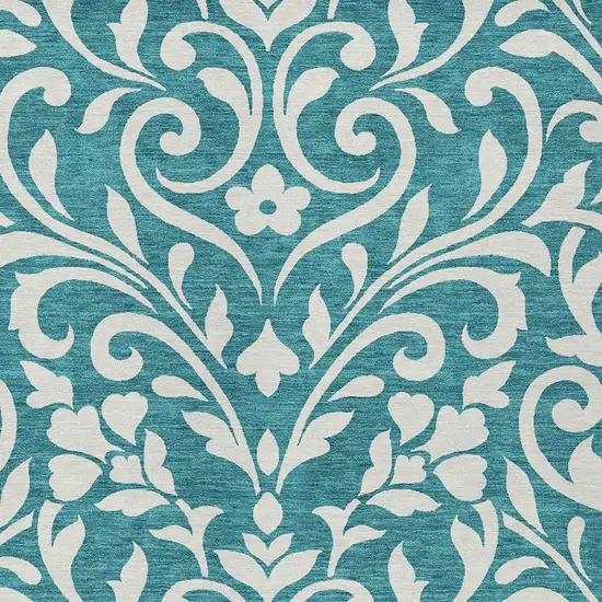 Teal Blue And Ivory Floral Washable Indoor Outdoor Area Rug Photo 6