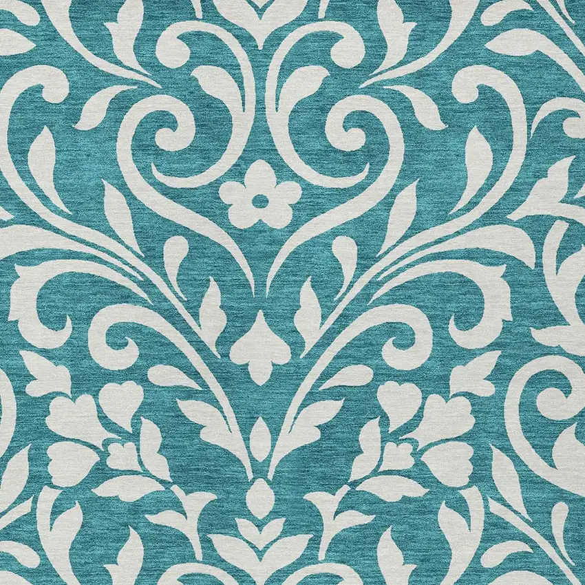 Teal Blue And Ivory Floral Washable Indoor Outdoor Area Rug Photo 6