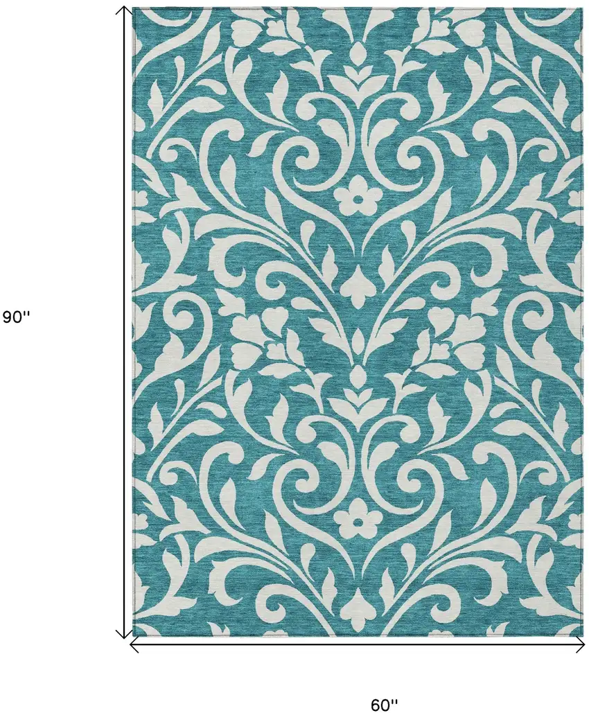Teal Blue And Ivory Floral Washable Indoor Outdoor Area Rug Photo 3