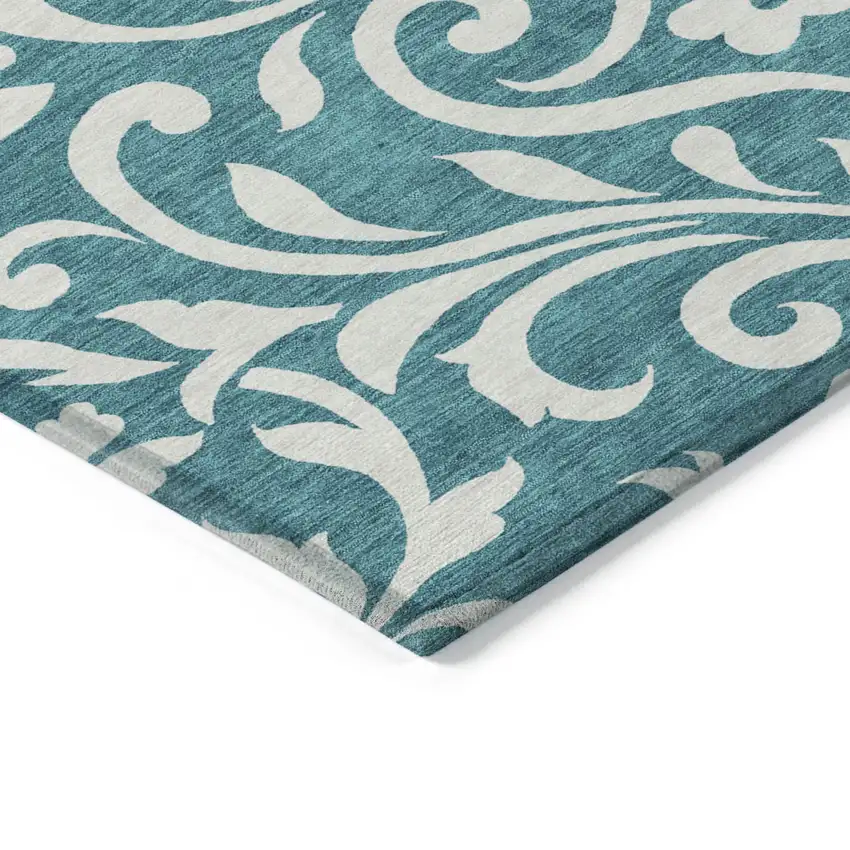 Teal Blue And Ivory Floral Washable Indoor Outdoor Area Rug Photo 5
