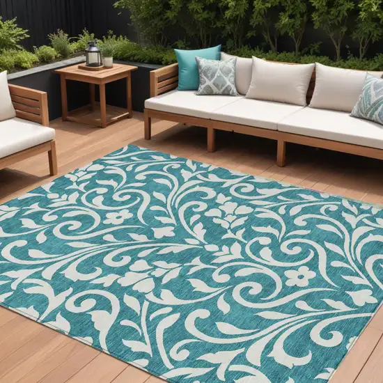 Teal Blue And Ivory Floral Washable Indoor Outdoor Area Rug Photo 1