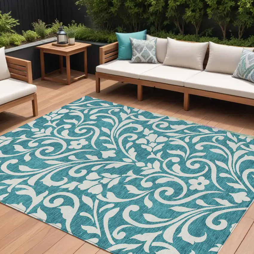 Teal Blue And Ivory Floral Washable Indoor Outdoor Area Rug Photo 1