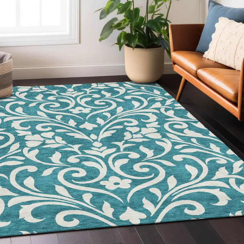 Teal Blue And Ivory Floral Washable Indoor Outdoor Area Rug Photo 9
