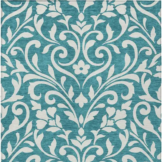 Teal Blue And Ivory Floral Washable Indoor Outdoor Area Rug Photo 7