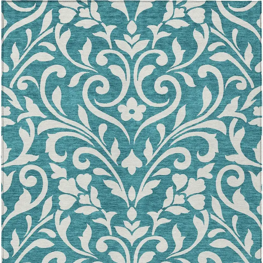 Teal Blue And Ivory Floral Washable Indoor Outdoor Area Rug Photo 7