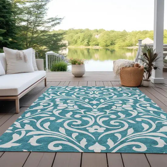 Teal Blue And Ivory Floral Washable Indoor Outdoor Area Rug Photo 8