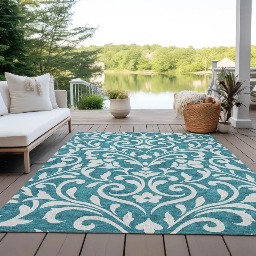 Teal Blue And Ivory Floral Washable Indoor Outdoor Area Rug Photo 8