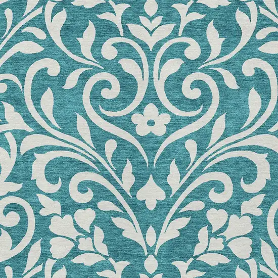 Teal Blue And Ivory Floral Washable Indoor Outdoor Area Rug Photo 6