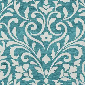 Photo of Teal Blue And Ivory Floral Washable Indoor Outdoor Area Rug