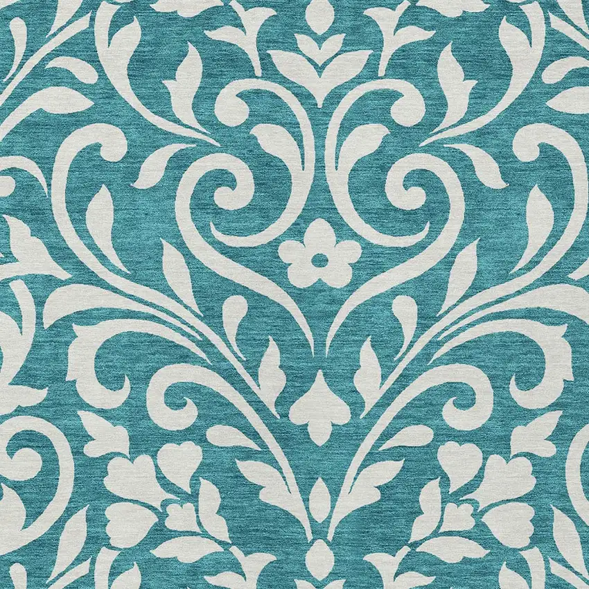 Teal Blue And Ivory Floral Washable Indoor Outdoor Area Rug Photo 6