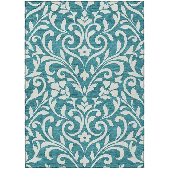 Teal Blue And Ivory Floral Washable Indoor Outdoor Area Rug Photo 2