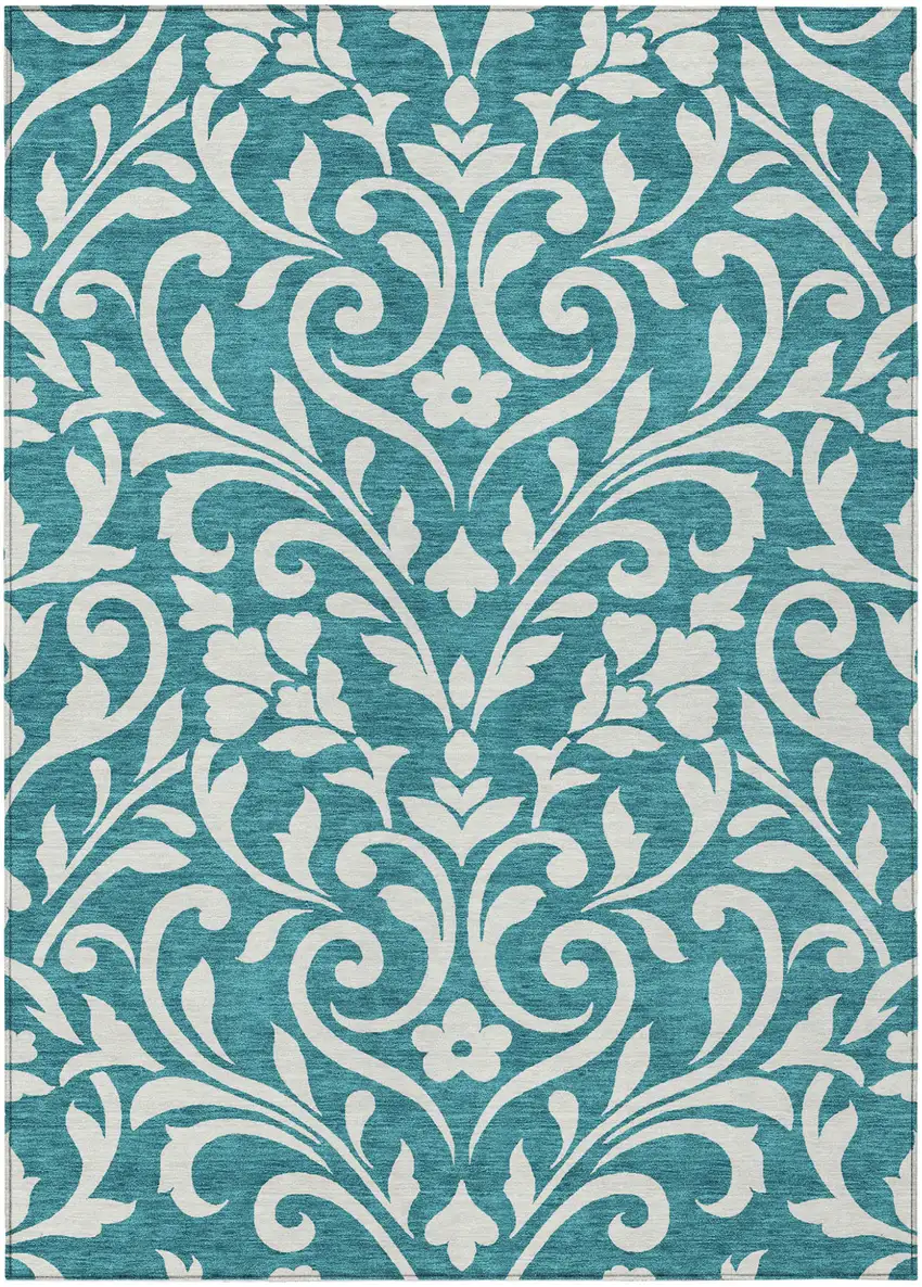 Teal Blue And Ivory Floral Washable Indoor Outdoor Area Rug Photo 2