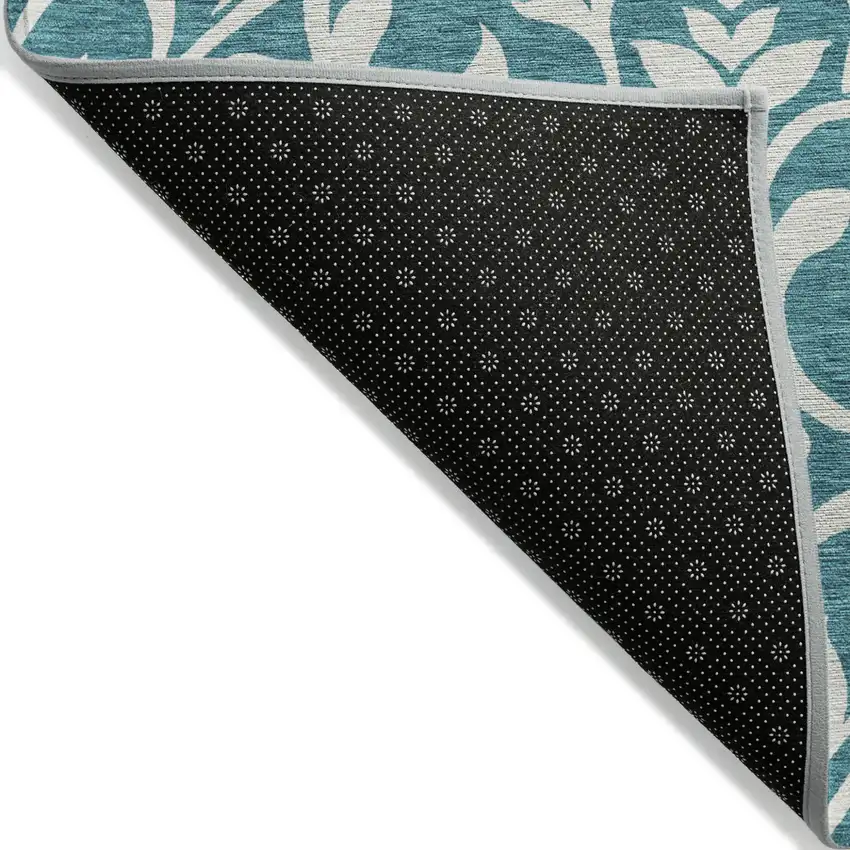 Teal Blue And Ivory Floral Washable Indoor Outdoor Area Rug Photo 4