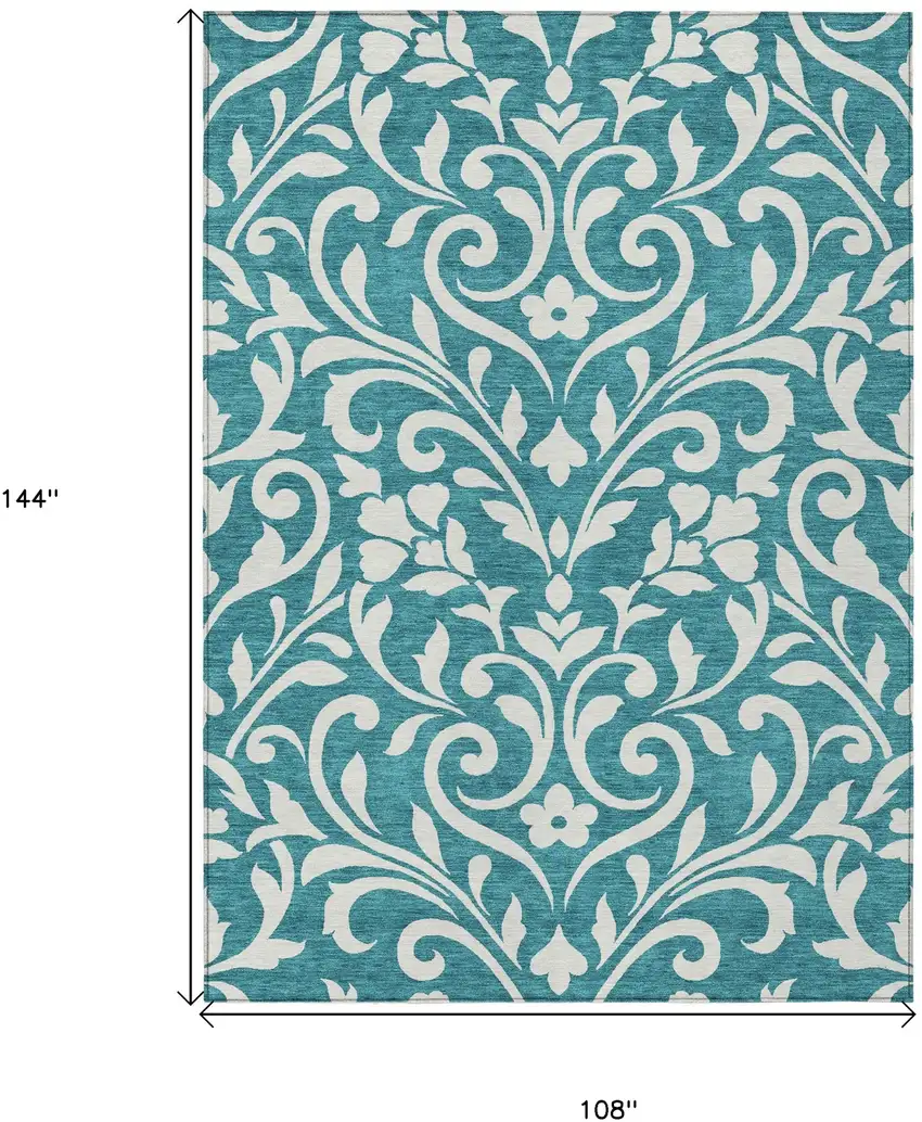 Teal Blue And Ivory Floral Washable Indoor Outdoor Area Rug Photo 3