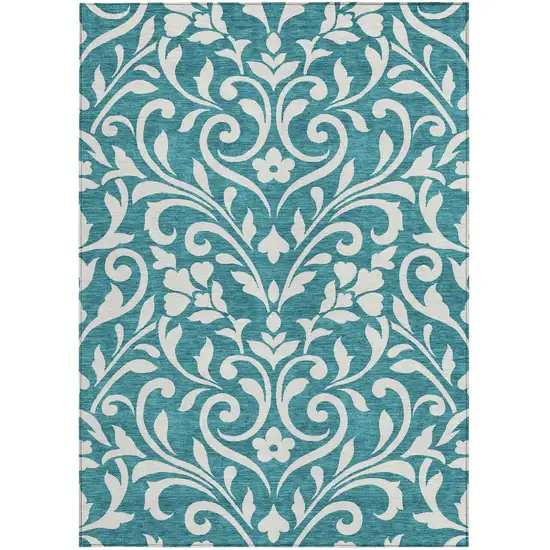 Teal Blue And Ivory Floral Washable Indoor Outdoor Area Rug Photo 6