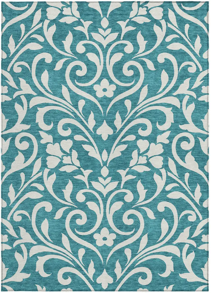 Teal Blue And Ivory Floral Washable Indoor Outdoor Area Rug Photo 6