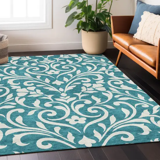 Teal Blue And Ivory Floral Washable Indoor Outdoor Area Rug Photo 8