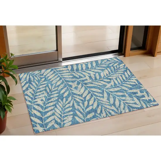 Teal Blue And Ivory Floral Washable Indoor Outdoor Area Rug Photo 1