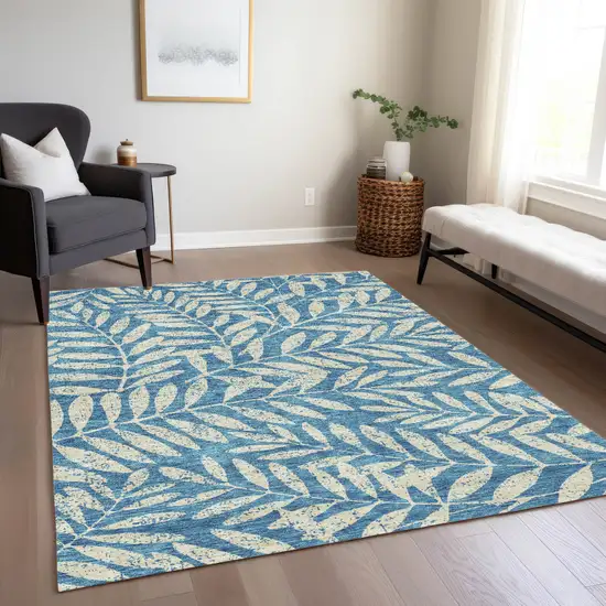 Teal Blue And Ivory Floral Washable Indoor Outdoor Area Rug Photo 9