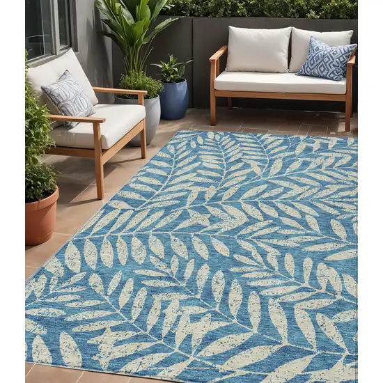 Teal Blue And Ivory Floral Washable Indoor Outdoor Area Rug Photo 1