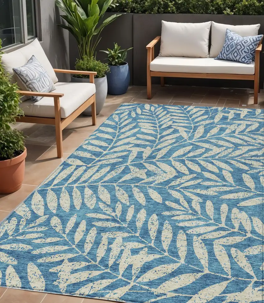 Teal Blue And Ivory Floral Washable Indoor Outdoor Area Rug Photo 1
