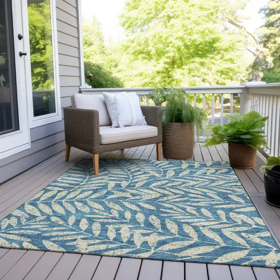 Teal Blue And Ivory Floral Washable Indoor Outdoor Area Rug Photo 8