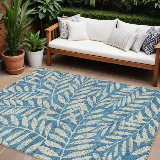 Teal Blue And Ivory Floral Washable Indoor Outdoor Area Rug Photo 1