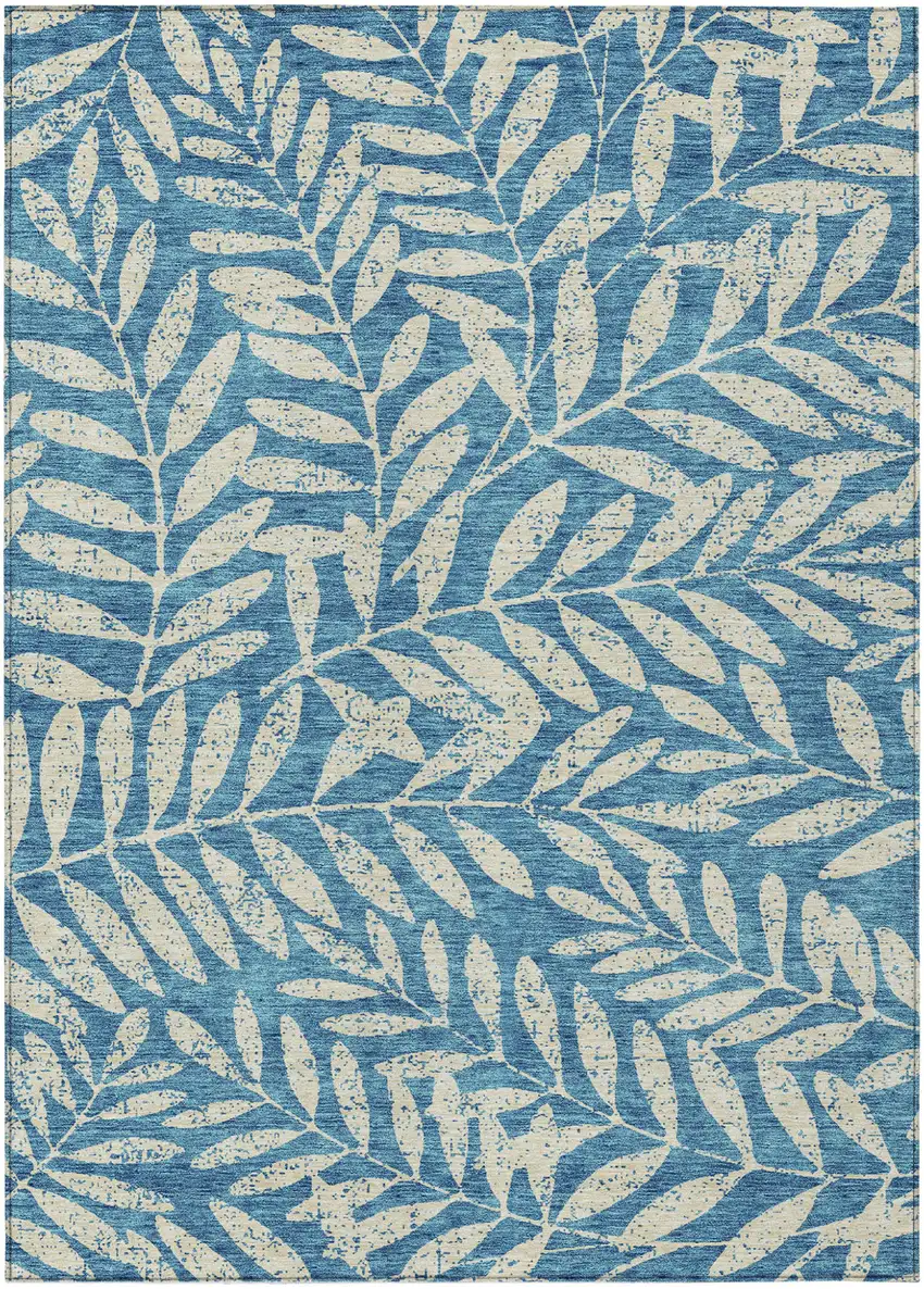 Teal Blue And Ivory Floral Washable Indoor Outdoor Area Rug Photo 2