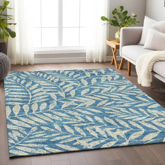 Teal Blue And Ivory Floral Washable Indoor Outdoor Area Rug Photo 9