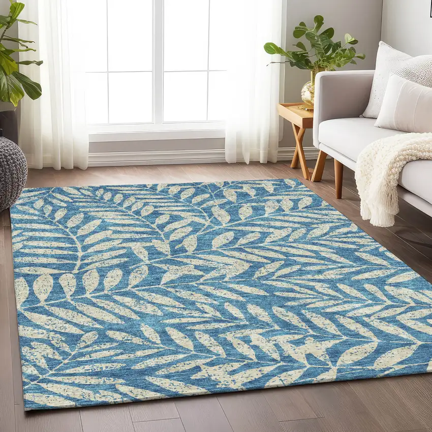 Teal Blue And Ivory Floral Washable Indoor Outdoor Area Rug Photo 9