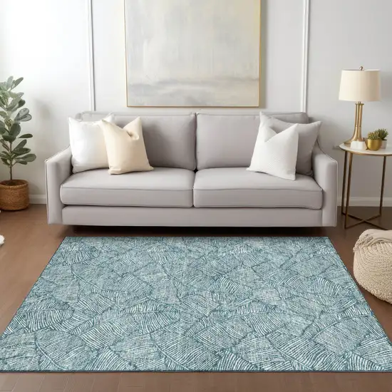 Teal Blue And Ivory Floral Washable Indoor Outdoor Area Rug Photo 9