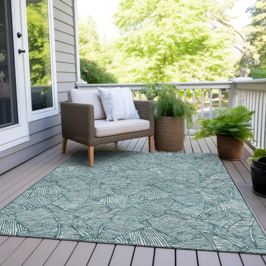 Teal Blue And Ivory Floral Washable Indoor Outdoor Area Rug Photo 8