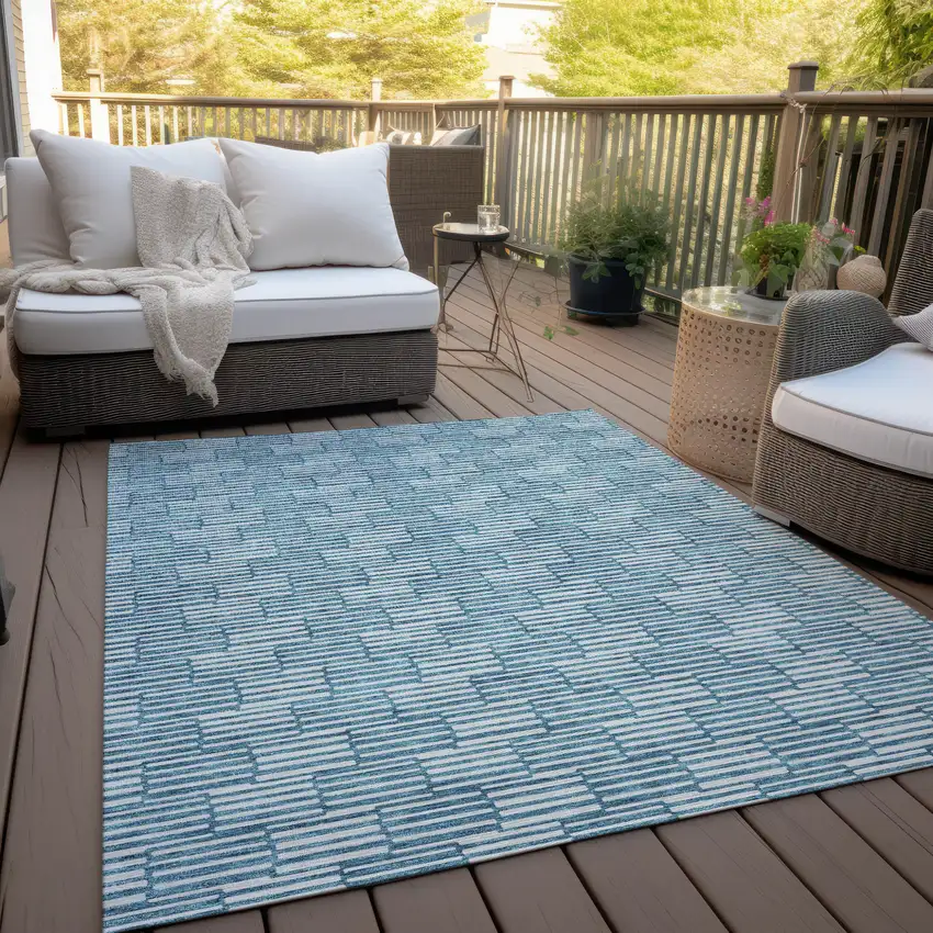 Teal Blue And Ivory Geometric Washable Indoor Outdoor Area Rug Photo 9