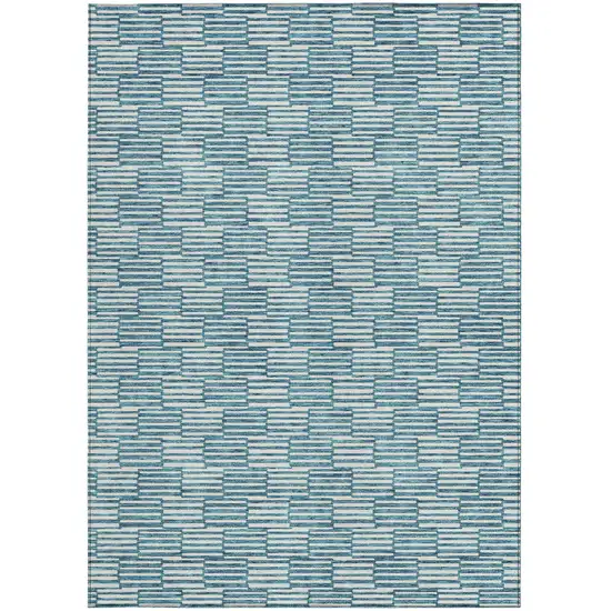 Teal Blue And Ivory Geometric Washable Indoor Outdoor Area Rug Photo 6