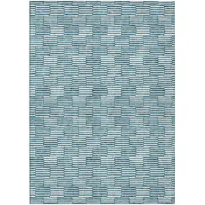Photo of Teal Blue And Ivory Geometric Washable Indoor Outdoor Area Rug