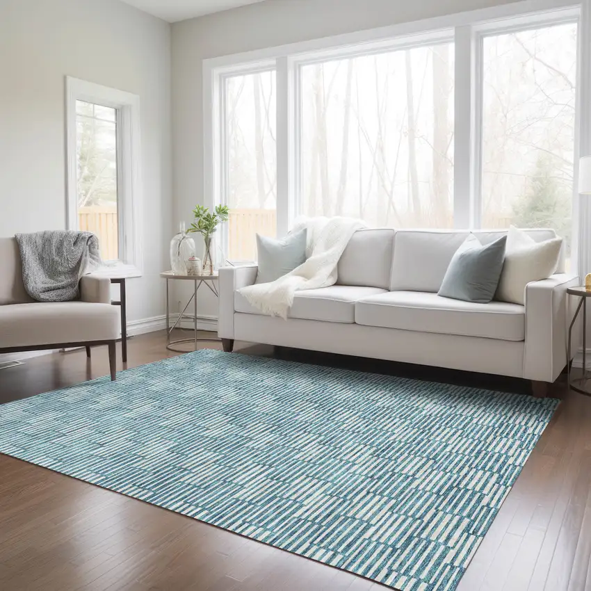 Teal Blue And Ivory Geometric Washable Indoor Outdoor Area Rug Photo 9