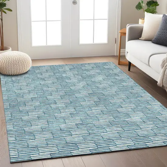 Teal Blue And Ivory Geometric Washable Indoor Outdoor Area Rug Photo 9