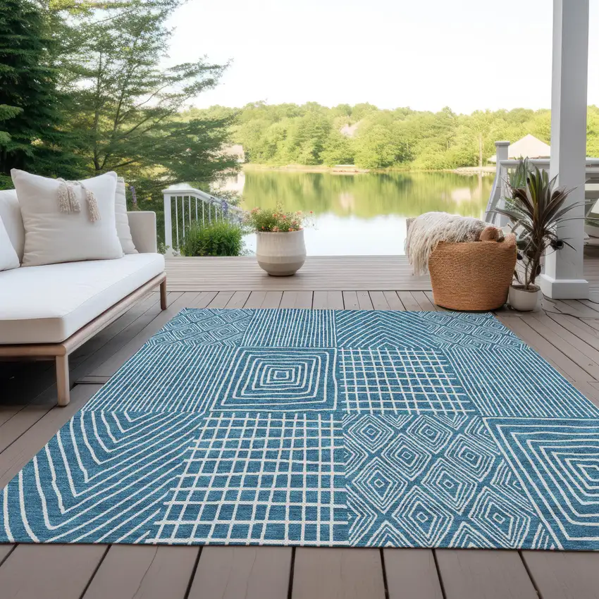 Teal Blue And Ivory Geometric Washable Indoor Outdoor Area Rug Photo 9