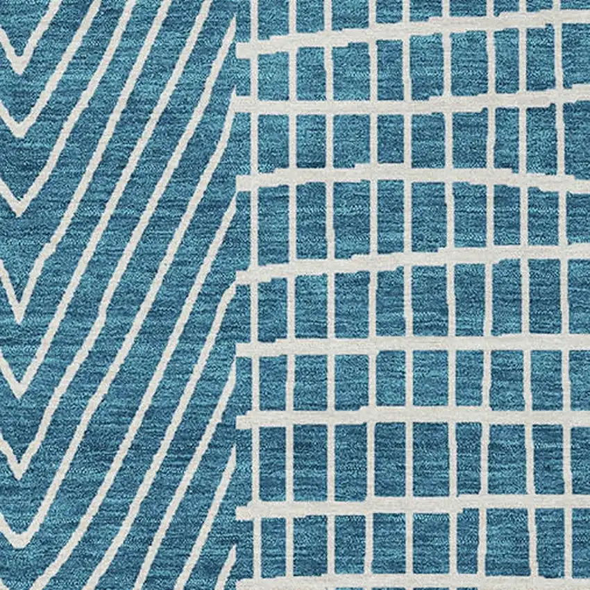 Teal Blue And Ivory Geometric Washable Indoor Outdoor Area Rug Photo 6