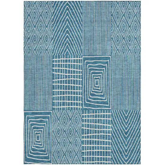 Teal Blue And Ivory Geometric Washable Indoor Outdoor Area Rug Photo 7