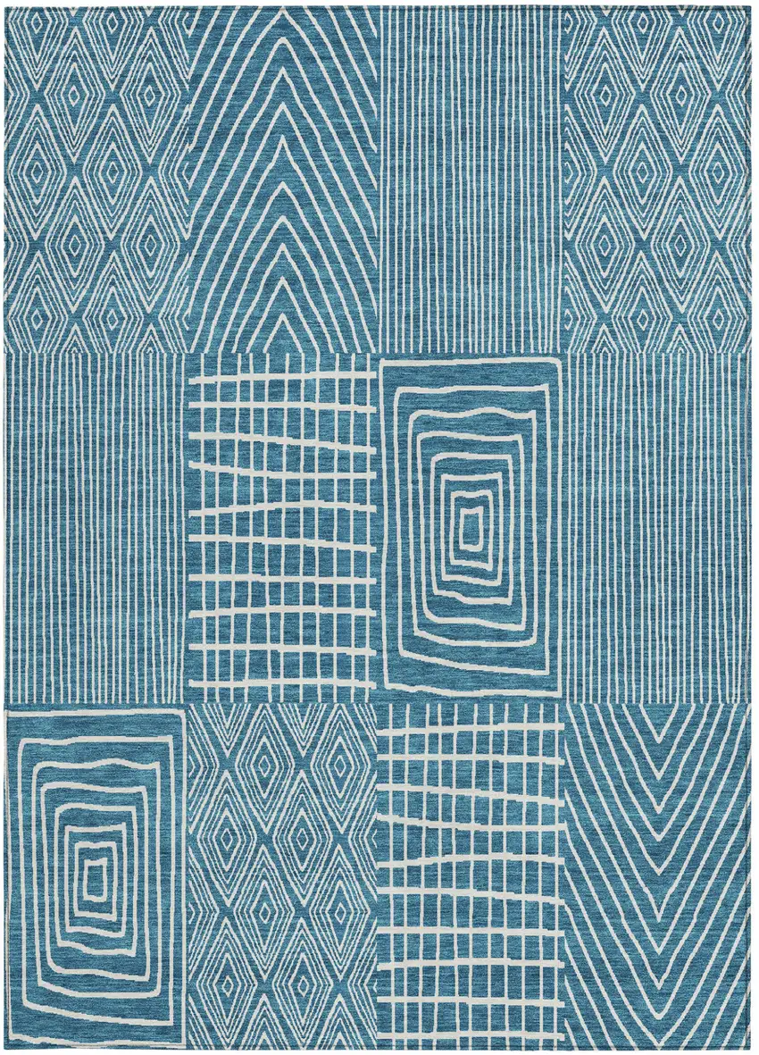 Teal Blue And Ivory Geometric Washable Indoor Outdoor Area Rug Photo 7