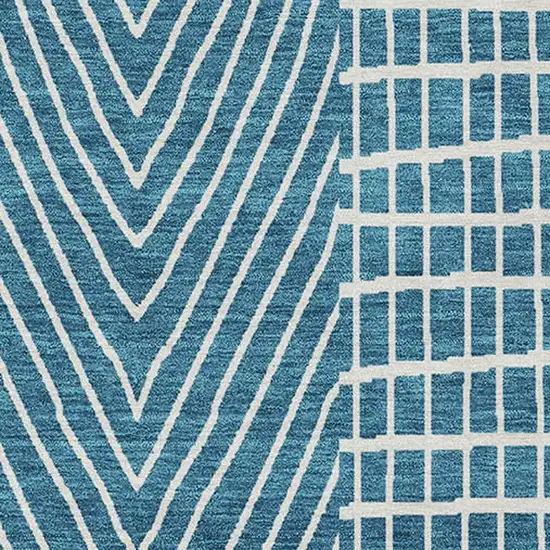 Teal Blue And Ivory Geometric Washable Indoor Outdoor Area Rug Photo 6