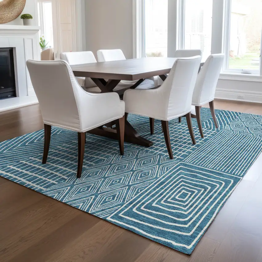 Teal Blue And Ivory Geometric Washable Indoor Outdoor Area Rug Photo 9