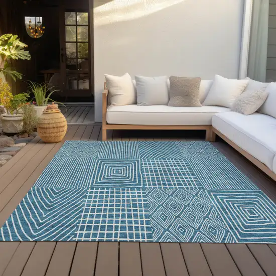 Teal Blue And Ivory Geometric Washable Indoor Outdoor Area Rug Photo 8