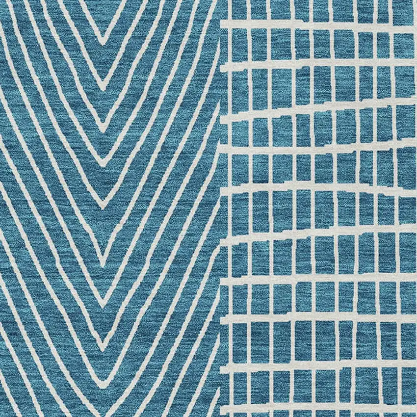 Teal Blue And Ivory Geometric Washable Indoor Outdoor Area Rug Photo 7