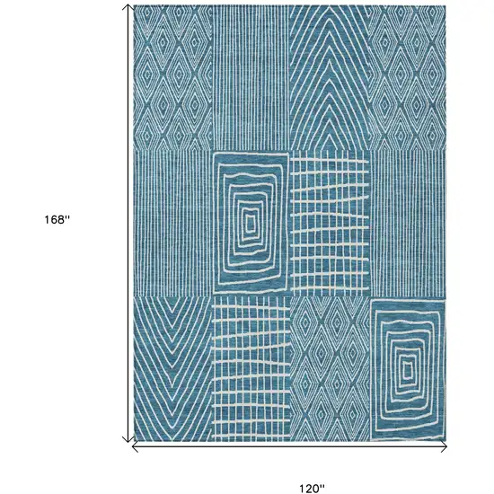 Teal Blue And Ivory Geometric Washable Indoor Outdoor Area Rug Photo 3