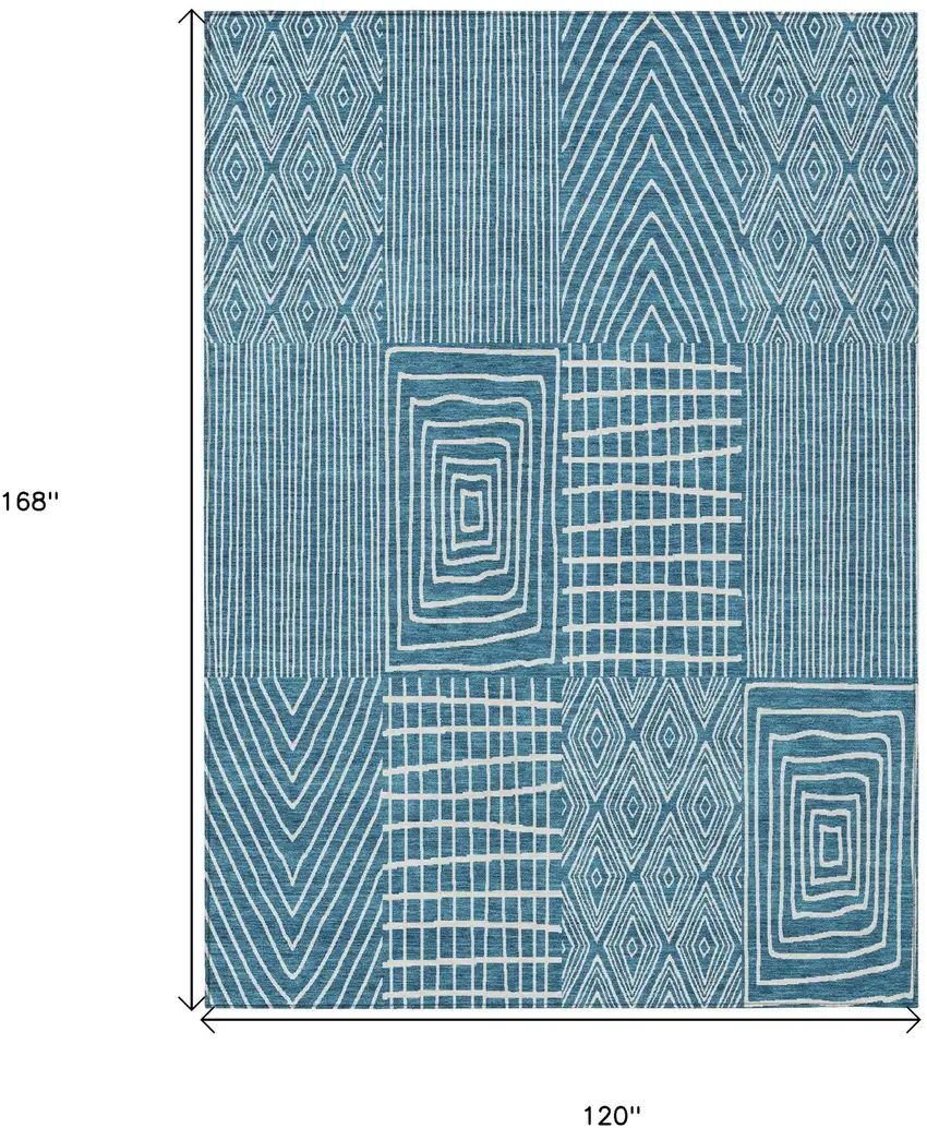 Teal Blue And Ivory Geometric Washable Indoor Outdoor Area Rug Photo 3