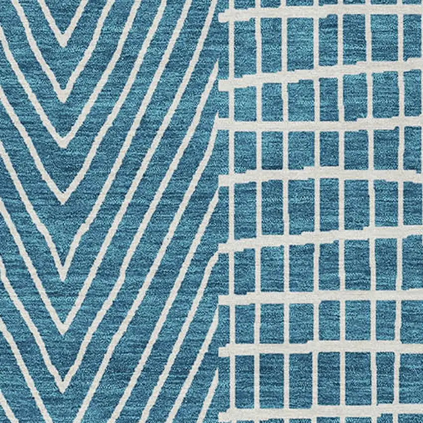 Teal Blue And Ivory Geometric Washable Indoor Outdoor Area Rug Photo 6